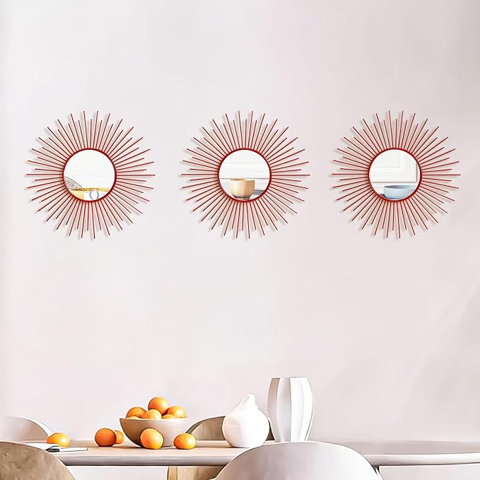 3 Pack Metal Mirrors for Wall Sunburst Wall Mirrors Home Décor Decorative Hanging Wall Art for Living Room Bedroom Entryway (Red, Sunburst) - Image 5