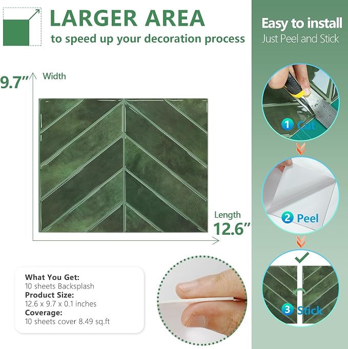 STICKGOO Herringbone Peel and Stick Backsplash, Green, 10 Sheets | 12.6 x 9.7 in, Thicker Rectangular Vinyl Stick-On Wall Tiles, Easy Alignment, Waterproof, Easy to Clean, Kitchen/Bathroom - Image 6