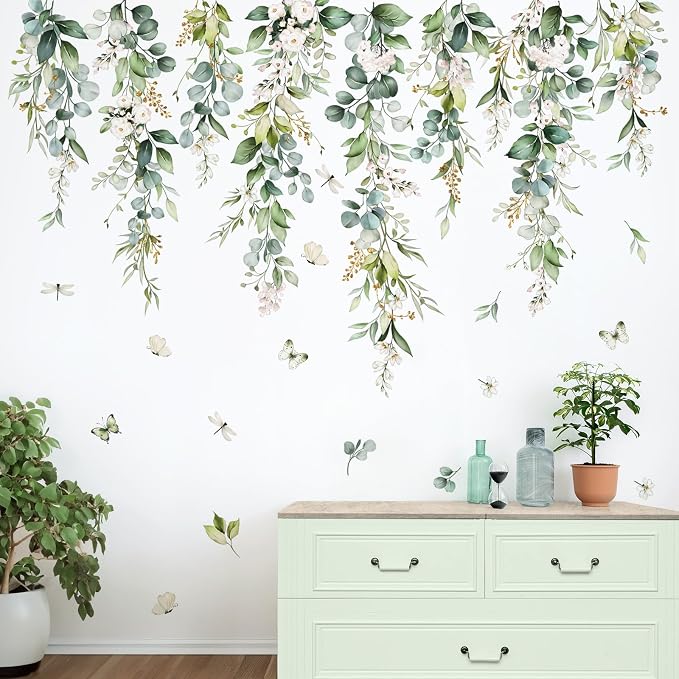 wondever Green Leaves Wall Decals Hanging Vines Plants Wall Stickers | Peel and Stick, Removable, Wall Art Decals, Wall Decoration, Living Room Bedroom, Office Sofa TV Home Wall Decor - Image 3