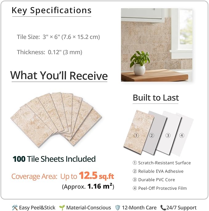 StyloVue 100 Pieces Peel and Stick Backsplash for Kitchen, 3" x 6" PVC Subway Tile, 2026 Upgraded Classic Travertine Beige, Stick on Tile for Kitchen, Fireplace, RV - Image 4