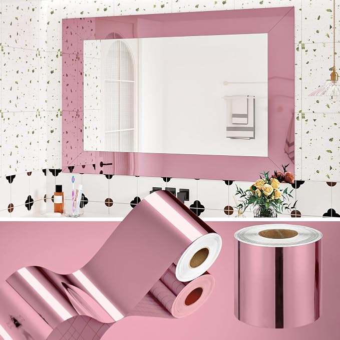 WESTICK 10M Rose Gold Mirror Frame Border Glossy Pink Mirror Tape Peel and Stick Wallpaper Border Trim for Bathroom Waterproof Metallic Bulletin Board Borders for Classroom Bedroom Decor 394"x4" by WESTICK