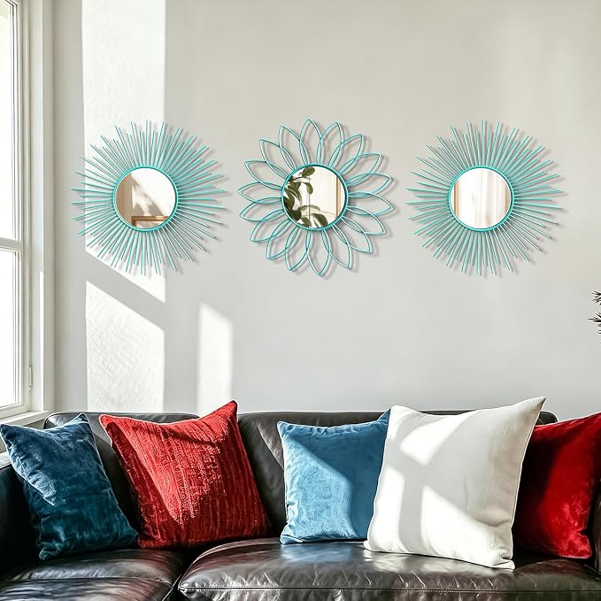 3 Pack Metal Mirrors for Wall Sunburst Wall Mirrors Home Décor Decorative Hanging Wall Art for Living Room Bedroom Entryway (Greenish Blue, Flower+Sunburst) - Image 7