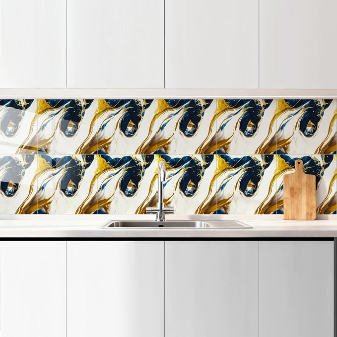 Peel and Stick Wall Panels, Self-Adhesive Waterproof Tile Look Wallpaper, Blue and Gold Marble Design, 2.4mm Thick, 30 Sheets - Image 6