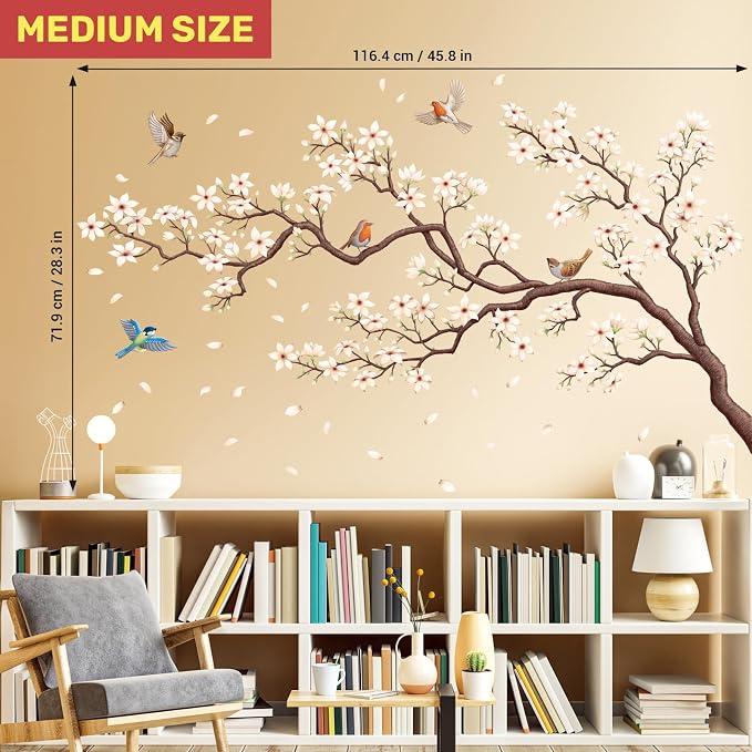 DECOWALL White Cherry Blossom Branch Birds Wall Stickers Decals (SG2-2509) | Peel and stick, removable watercolor floral decor with falling petals for living rooms, bedrooms, offices, studios and cafes - Image 5