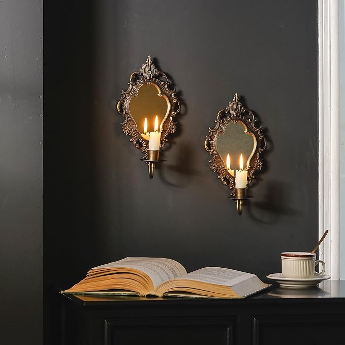 SOFFEE DESIGN Set of 2 Antique Gold Wall Sconces, Vintage Candle Holder with Distressed Mirror & Ornate Frame, for Taper Candles in Bedroom Hallway Decor - Image 2