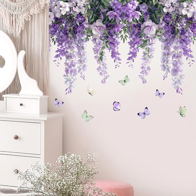 Purple Hanging Vine Wall Decals, Removable Wisteria Floral Vinyl Stickers, Flower Vine Butterfly Stickers Art Wallpaper for Home Clings Bathroom Bedroom Living Room Wall Corner Decor - Image 5