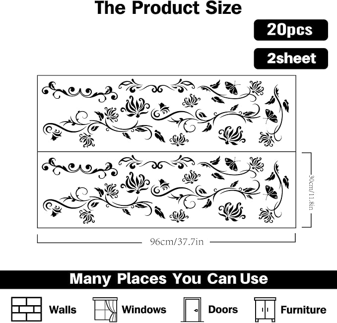 PLIGREAT 2 Sheets Black Flowers Vines Wall Stickers, Butterfly Floral Wall Decals Removable Vinyl Peel and Stick Sticker for Bathroom Nursery Bedroom Living Room Home Indoor Window Decor - Image 2