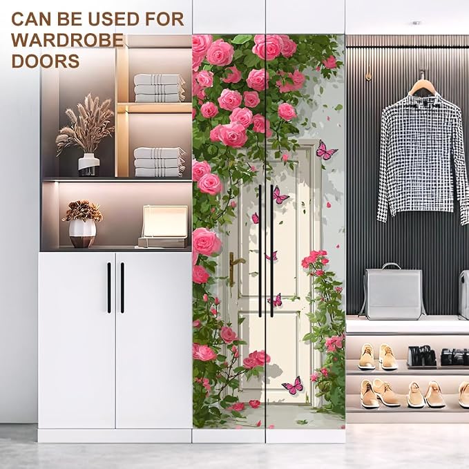 Rose Garden Door Mural, Pink Floral Gate Butterfly Door Cover | Waterproof PVC, 30.3" W x 78.7" L; pink rose garden design for bedroom, entryway, living room or closet doors. - Image 8