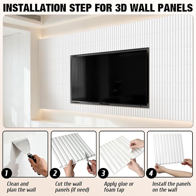 Qidejoy 33 Pcs 3D White Wall Panels for Interior Wall Decor, 12X12in | Fluted Textured Paneling Modern Decorative Tiles Cuttable Paintable DIY Wall Art for Bedroom, TV Background, Bathroom - Image 6
