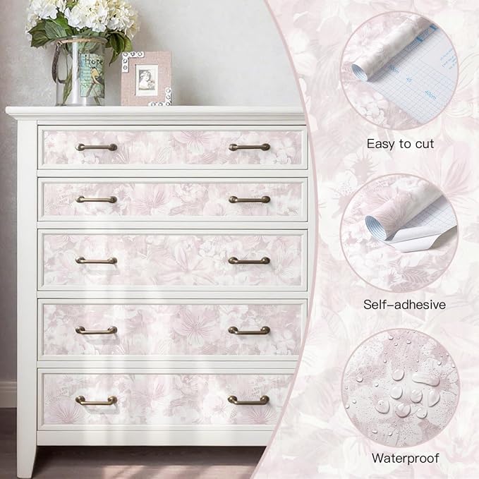 Heroad 17.3inx32.8ft Pink Peel and Stick Wallpaper Floral Contact Paper Vintage Wall Paper Self-Adhesive Removable Wallpaper for Cabinets Drawers Bedroom Mural Wall Decor Vinyl Roll - Image 2