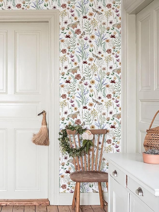 Orainege Vintage Peel and Stick Wallpaper Floral Wallpaper Self Adhesive | 16.9in x 118.1in Butterfly Wall Paper for Bedroom Bathroom Cabinets Decor Removable Vinyl Roll - Image 6