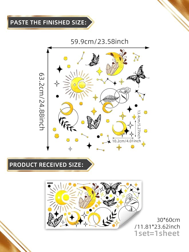 Boho Gold & Black Foil Wall Stickers - Celestial & Butterfly Wall Decor Peel and Stick Removable Art Decals Decorative for Living Room Bedroom,59.9 cm x 63.2 cm - Image 3