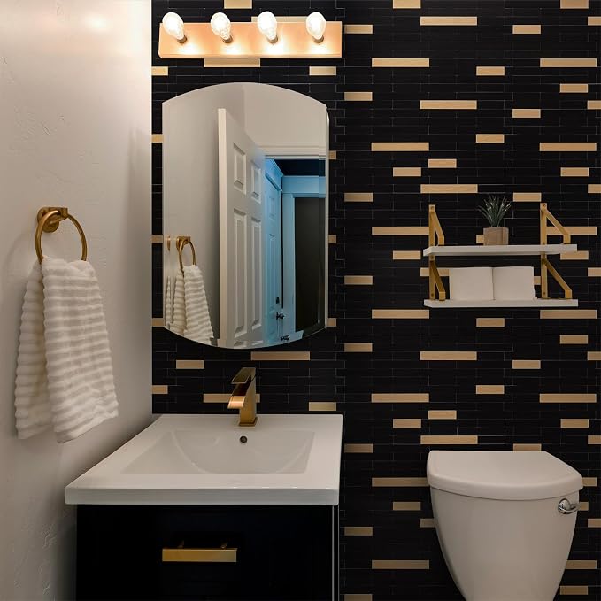 StyloVue 2 Sheets Peel and Stick Tile Backsplash, Black with Metal Gold Look Stick on Tile Upgrade Your Kitchen Backsplash, RV, Fireplace - Image 4