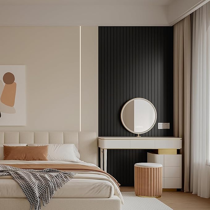 YLL YLL PVC Slat Wall Panel Peel and Stick 118"x 15.7" Faux Black Wood Grain Slat Panel Self-Adhesive Wallpaper Soundproof 3D Wall Panels - Image 5