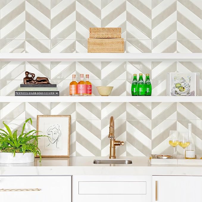 STICKGOO Herringbone Peel and Stick Backsplash, White & Beige, 10 Sheets | 12.6 x 9.7 in, Thicker Rectangular Vinyl Stick-On Wall Tiles, Easy Alignment, Waterproof, Easy to Clean, Kitchen/Bathroom - Image 9