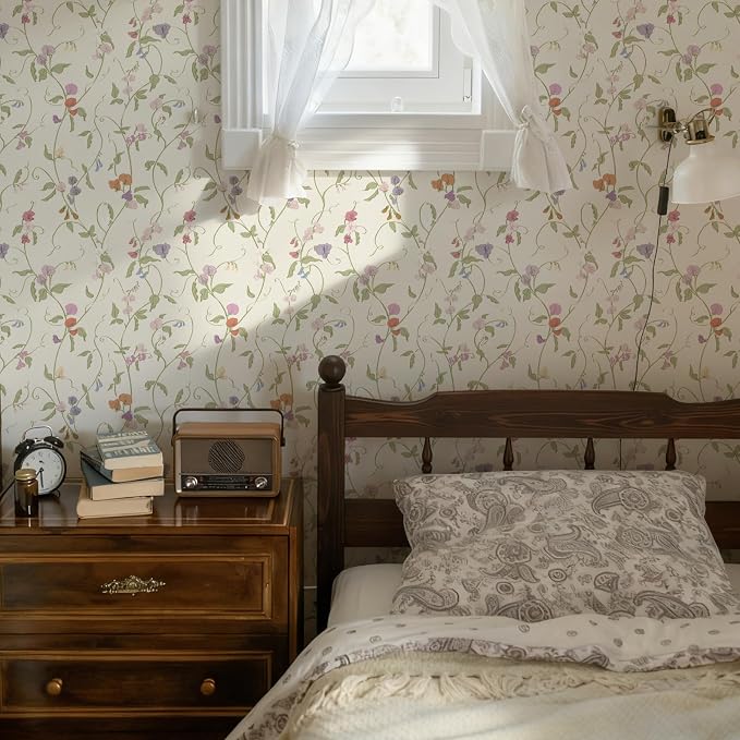 17.3" x 393.7" Vintage Wallpaper Peel and Stick Beige Floral Wallpaper Leaf Contact Paper Vinyl Waterproof Self Adhesive Boho Botanical Wall Paper for Bedroom Shlef Cabinet Decor - Image 3