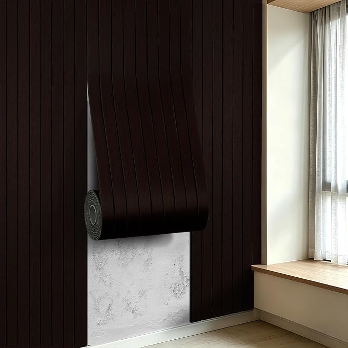3D Peel and Stick Wall Panels PVC Grille Slat 197"x15.8" Self-Adhesive Wall Sticker Soundproof Paneling for Walls and Ceiling in Faux Brown Wood Grain Texture by LOVADA