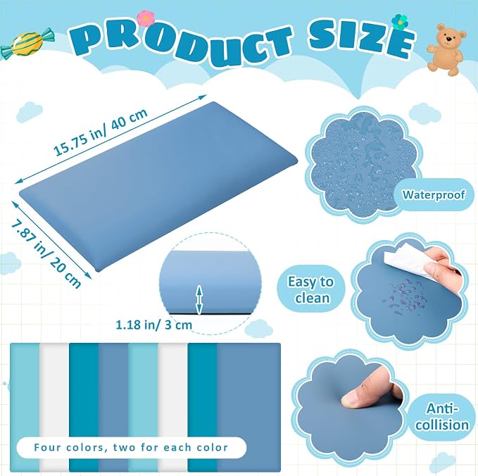 Hahafelt 8 Pack Wall Padding for Playroom Peel and Stick Headboard 15.75" x 7.87" x 1.18" 3D Anti Collision Upholstered Wall Panels Self Adhesive Headboard Panel for Protection (Blue Colors) - Image 2