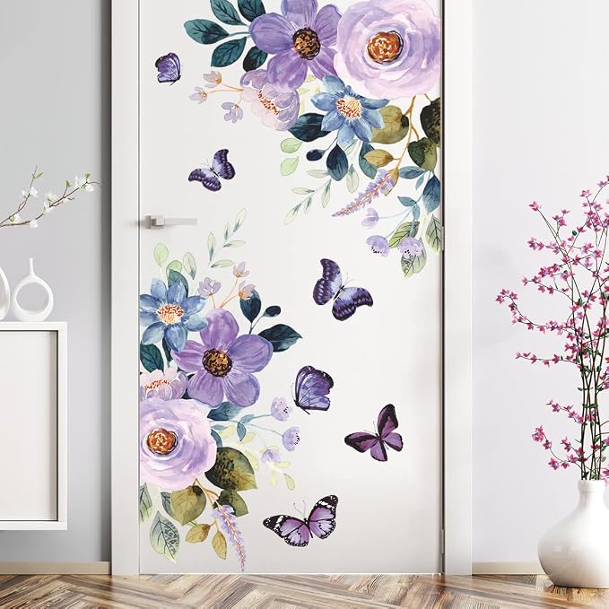 LiveGalleryWatercolor Blue Purple Flowers Wall Stickers Color Painting Rose Wall Decals DIY Vinyl Peel and Stick Butterflies Flora Mural for Girls Bedroom Living Room TV Sofa Backdrop Home Decoration - Image 8