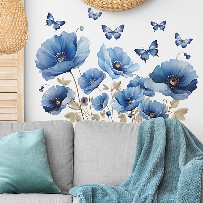 TUOKING Blue Flowers Wall Stickers Removable Butterfly Wall Murals | Peel and Stick Wall Art Decal Home Decor for Kitchen,Bedroom,Living Room(fun-c13) - Image 4