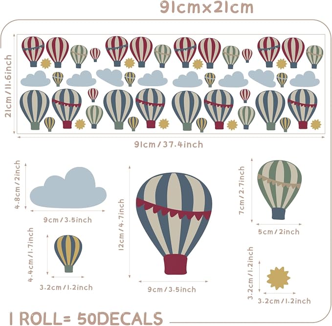 50pcs Hot Air Balloons Clouds Fabric Wall Stickers,Vibrant Self-Adhesive Wall Decals Easy Removable DIY Kids Room Toddlers Bedroom Nursery Decor - Image 3