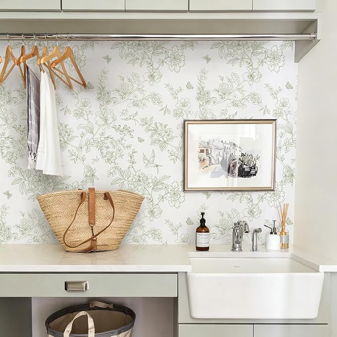 Froluya Green and White Peel and Stick Floral Wallpaper 17.7in×118.1in | Boho Floral Self Adhesive Wallpaper Vintage Flower Bird Removable Contact Paper for Bathroom Shelf Liner Cabinets Vinyl - Image 3