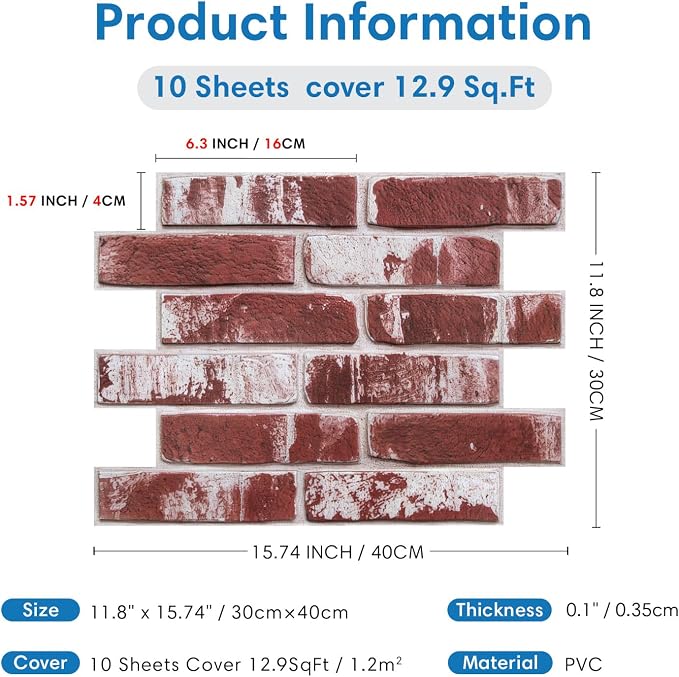 COMSTICKC 3D Faux Brick Wall Panels Peel and Stick, 10 Pcs 15.7" x 11.8" | Whitewashed Red, Not Real Brick, Ultra-Light Thin PVC Tiles, 3D Fake Brick Decorative Sticker Wall Covering, Cover 12.9 sq ft - Image 5