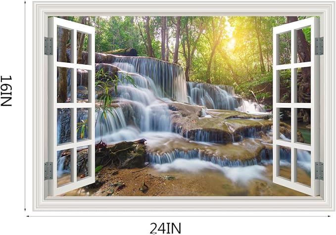 Fake Window Wall Decal Forest Jungle Waterfall River Faux Window Poster Sticker Picture Open Wall Art Decor, Stick and Peel Landscape Natural Scenery Sunshine Canvas Scene Mural,16"x24" - Image 3
