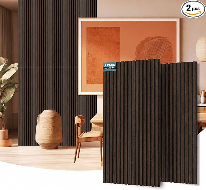 AKUMAX Wood Slat Acoustic Wall Panels, 2 Pack 24 x 48 in Each, 15.5 ft², NRC 0.80 Sound Absorbing 3D Slat Wall Paneling with Real Wood Veneer, E0 MDF and PET Felt, Black Walnut by AKUMAXWOODWALLPANELS