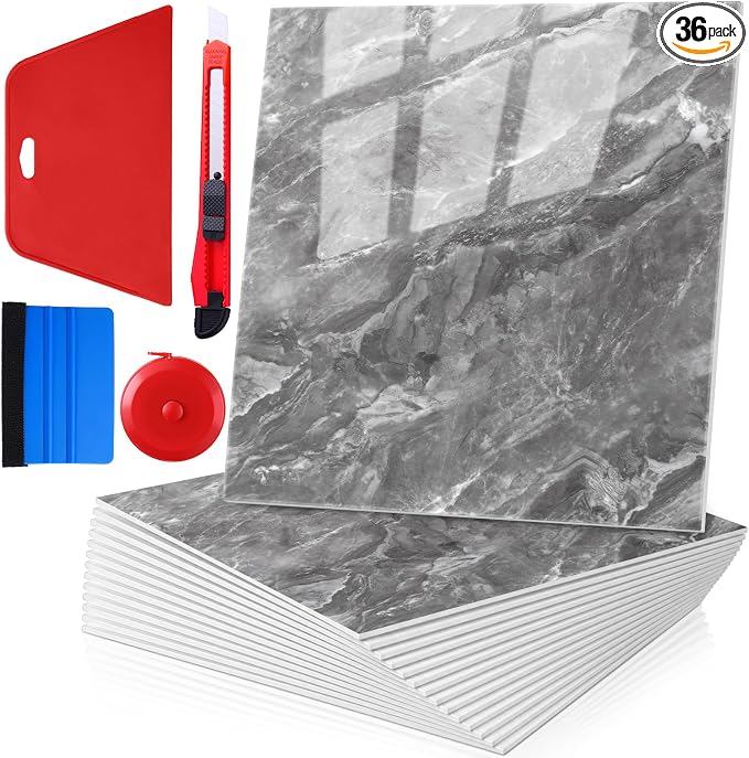 Nuanchu 36 Pcs Peel and Stick Shower Waterproof Tiles Wall Panels 12 x 12 Inch Self Adhesive Backsplash with Ruler Knife & 2 Scrapers for Washroom Bathroom Living Room, Not Real Tile (Dark Gray) by Nuanchu