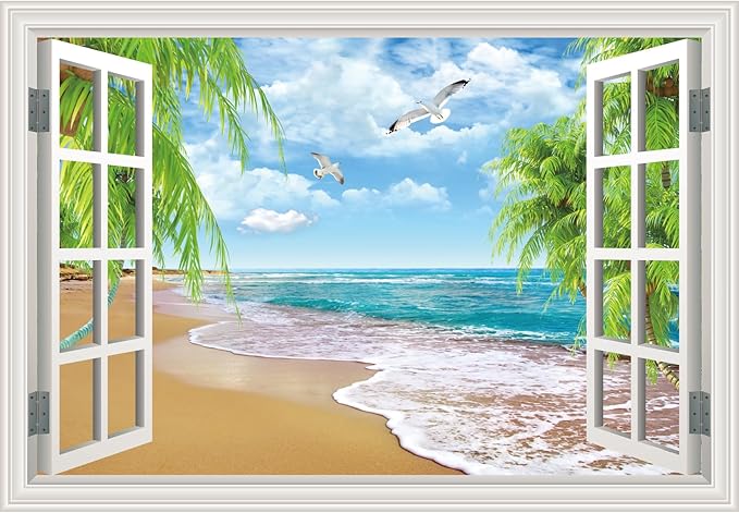 Fake Window Wall Murals Peel and Stick - Beach View Window Wall Art Decal Poster for Living Room - Window Posters for Wall Office - Removable Wall Stickers for Bedroom Decor 48" x 32" Set of 2 Sheets by Unknown