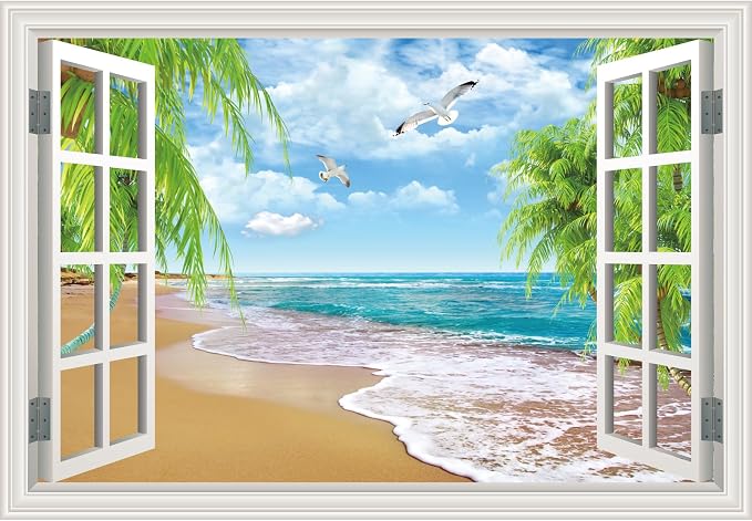 Fake Window Wall Mural Beach Palm Tree Art Poster Faux Window Wall Sticker for Office Home Room Decor, Peel and Stick Wall Decals 24" x 16" by Unknown