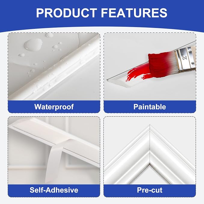 COUKIU Peel and Stick Wall Molding Kit, 6-Frame Pre-Cut Wainscoting Panels, Ready-to-Assemble Self Adhesive Wall Moulding Trim, Paintable Accent Frames for Interior Wall Decor (54" x 24") - Image 3