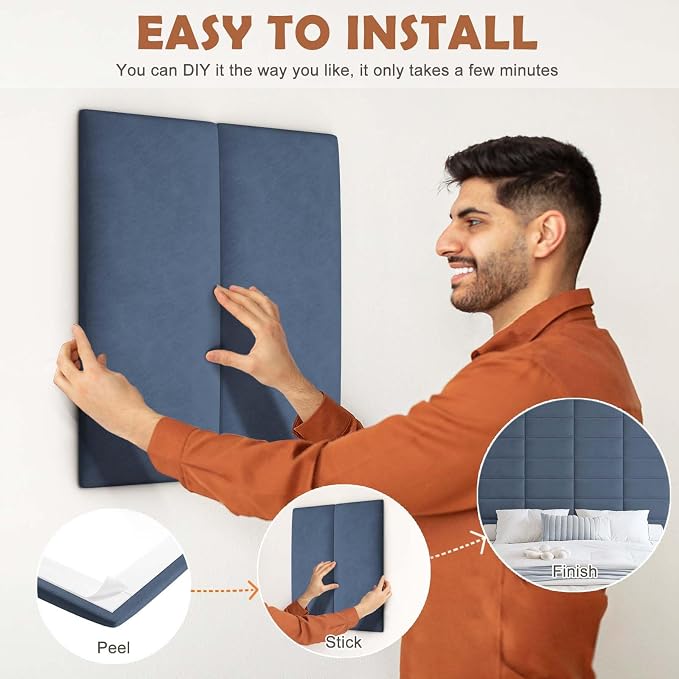 IFNOW Wall Mounted Headboard, Peel and Stick Panels, Navy Blue, Queen | Upholstered 3D Soundproof Acoustic Panels, Reusable and Removable, Padded Leather Bed Headboard, 9 Panels, 9.84" x 23.62" - Image 5