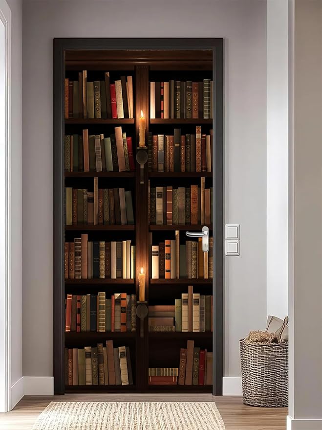 artfanke 3D Retro Book Shelf Door Sticker Peel and Stick 33.5"x84.6" - Self-Adhesive Door Murals Wallpaper Waterproof PVC Wall Decal for Bedroom Decor (2 Sheets/Set) - Image 7