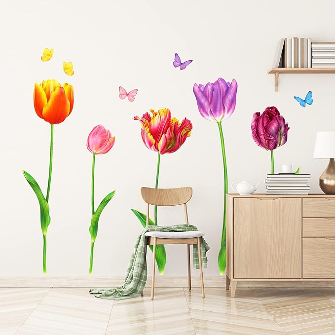 DECOWALL SG2-2116 5 Large Tulip Wall Decals Colorful Flower Butterfly Stickers for Bedroom Living Room Nursery Bathroom Home Decor Art Decoration DIY - Image 3