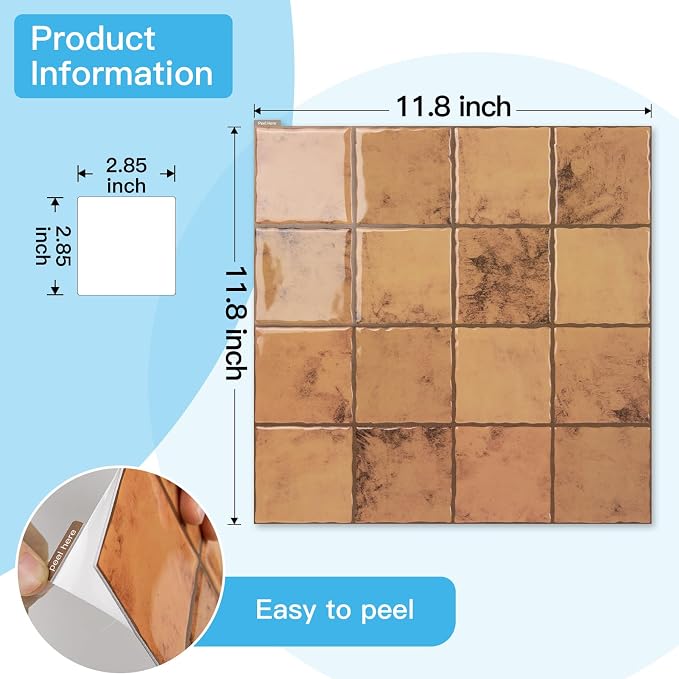 Art3d Grid Design Peel and Stick Backsplash, 10-Pack, Terracotta | 12 x 12 Inch, Enhanced Thickness, Superior Adhesion, Moisture Resistant, Long-Lasting, Minimalist Look, for Kitchen Decor - Image 6