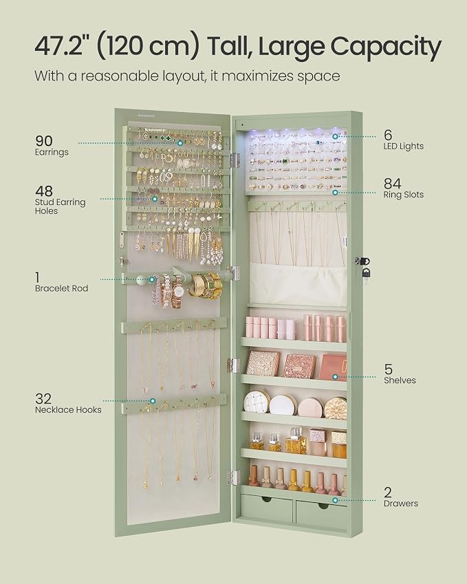 SONGMICS 6 LEDs Mirror Jewelry Cabinet, 47.2-Inch Tall, Lockable - Image 4