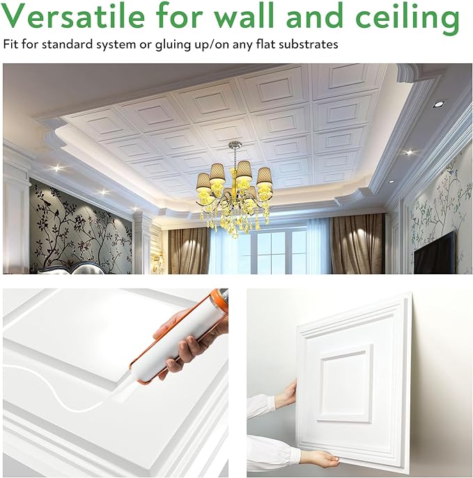 STICKGOO PVC Ceiling Tiles, 2'x2' Glue Up Ceiling Panel White to Prevent Breakage Cover 96 Sq. Ft, Pack of 24 Tiles - Image 5