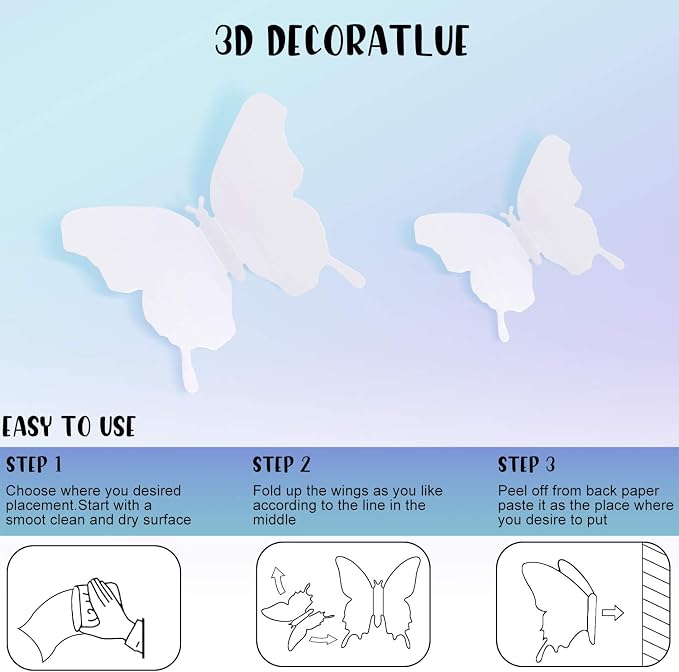 BBTO 48 Pcs 3D Butterfly Mirror Wall Decor,White | Butterfly Stickers,3 Sizes,for Birthday Party Cake,Room Nursery Bathroom Wall Decor,Removable Peel Stick,Reflective - Image 4