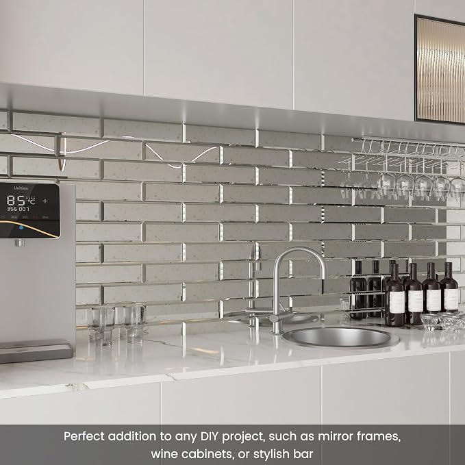 Peel and Stick Light Antique Mirror Glass Subway Tile 3 x 12 Inch - Image 4
