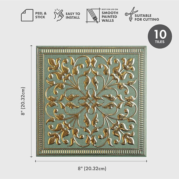 Peel and Stick Metal Backsplash Tiles, Rustic Farmhouse, 10-Pack | 8 x 8 in tile size; Covers up to 4.44 sq ft; Aluminum; Water-resistant surface; For kitchens, ceilings, DIY projects - Image 3