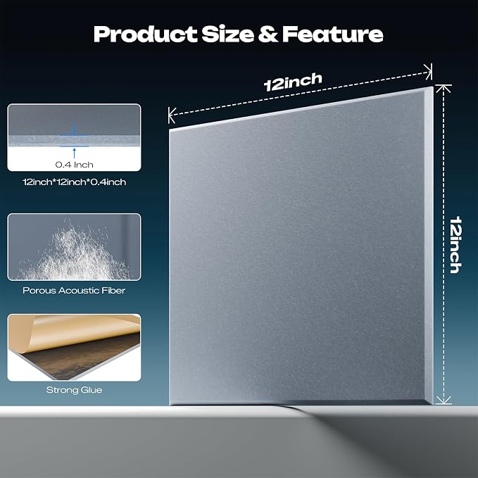 Sonicism 12 Pack Acoustic Panels with Self-Adhesive, 12" X 12" X 0.4" Sound Proof Foam Panels for Walls, Decorative Soundproof Wall Panels, Sound Proof Absorbing Tiles for Home & Offices, Smoky Gray - Image 4