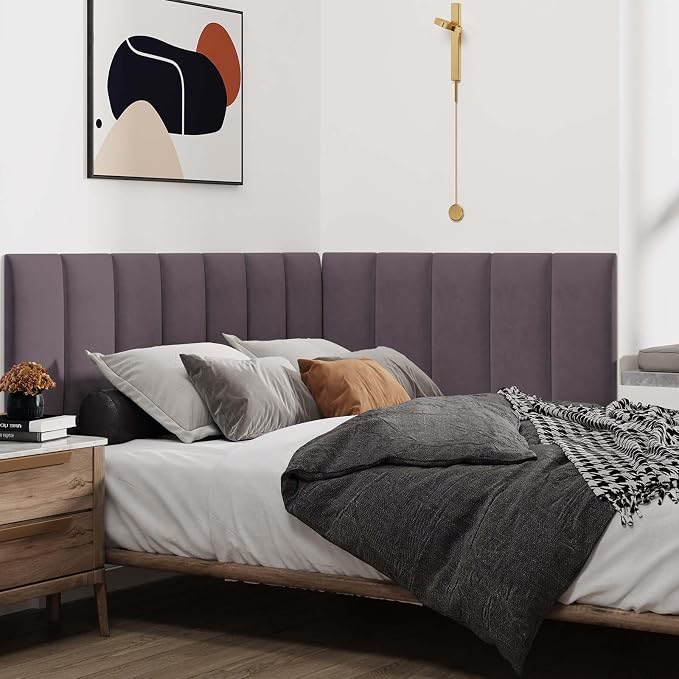 IFNOW Wall Mounted Headboard, Peel and Stick Panels, Dark Purple, King | Upholstered 3D Soundproof Acoustic Panels, Reusable and Removable, Padded Leather Bed Headboard, 12 Panels, 9.84" x 23.62" - Image 4
