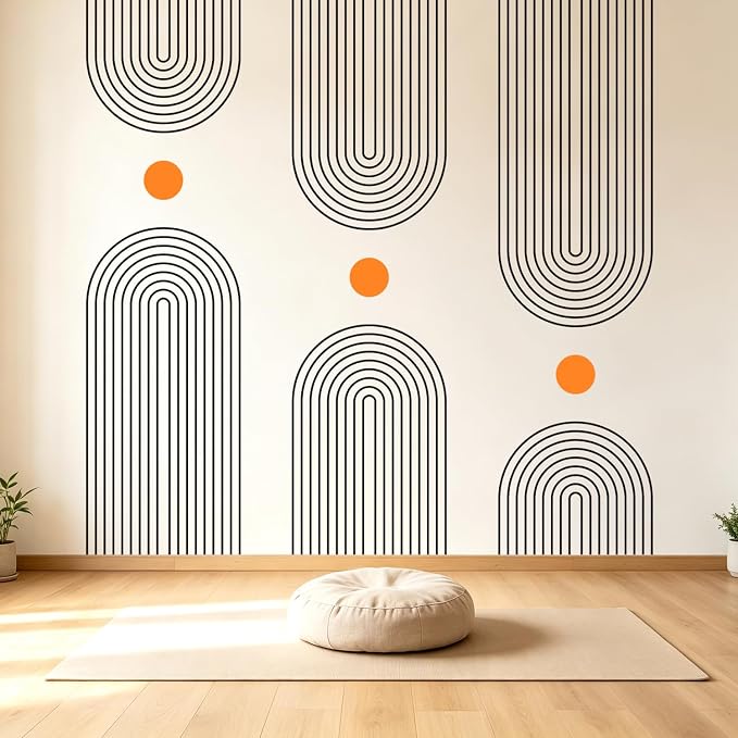Minimalist Line Arch Orange Dot Boho Removable Wall Decals Decor Stickers | Mid-century modern black abstract geometric peel and stick removable vinyl wall murals art for bedroom living room office - Image 3