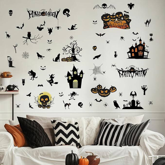 Halloween Wall Decals Stickers, Black Haunted Castle Pumpkin Skeleton Window Clings, Removable Spooky Spider Web Witch Silhouette Wall Stickers for Party Home Decor - Image 4
