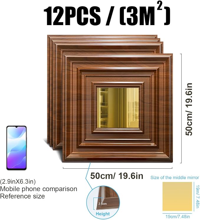 12 Pack PVC Ceiling Tiles 19.7"x19.7" – Gold Mirror & Wood Grain 3D Wall Panels for Wall and Ceiling Decoration,Cover 32.3 Sq.Ft – Waterproof,Lightweigh(Dark Brown, Gold) - Image 4