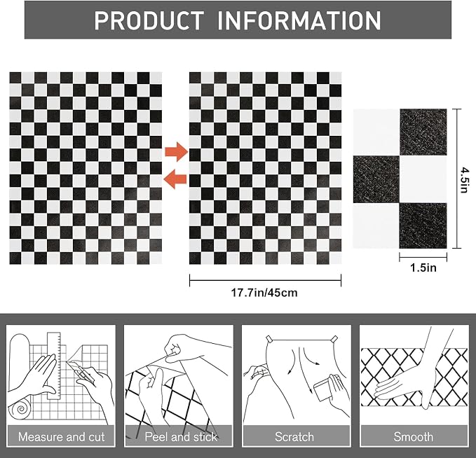 Black and White Contact Paper Checkered Peel and Stick Wallpaper Self Adhesive Waterproof Vinyl Roll for Bathroom Kitchen Backsplash Cabinets Shelf Liners Drawers A Set of 17.3"x480" - Image 3