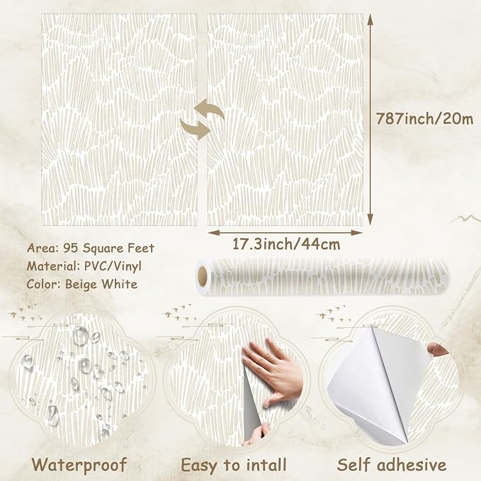 Theper Beige Peel and Stick Wallpaper Modern Contact Paper 17.3"×787" | Boho Removable Self Adhesive Wallpaper for Bedroom Waterproof White and Gold Striped Wall Paper for Home Vinyl - Image 3