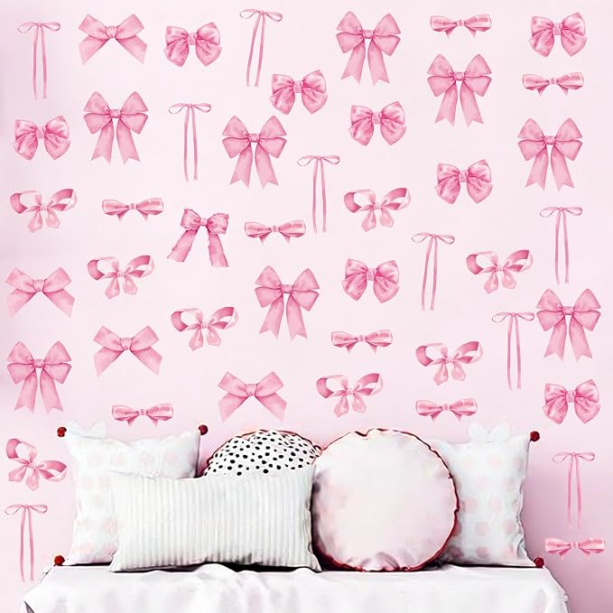 Arawat 8Sheets/56 Pcs Pink Coquette Bow Room Decor for Bathroom Women Bedroom Aesthetic Room Decor Bow wall Decoration for Bedroom Pink Bows wall Stickers Decals Peel and Stick - Image 5